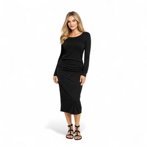 James Perse‎ Black Skinny Sheath Ruched Midi Dress Sz S